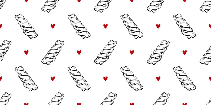 Pasta vector doodle with bg seamless background for farfalle penne spaghetti. Pattern macaroni ingredient with hand border gourmet for tortellini noodle cavatappi. Spiral noodles italian.