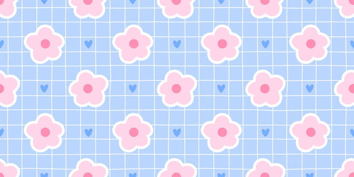Bg seamless kids for spring cute heart and daisy flower pattern. Floral cover vector for delicate textile soft and scrapbook small print. Graphic summer leaves for kawaii illustration blue.