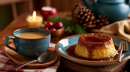 Fototapeta premium Traditional Brazilian Condensed Milk Pudding with Caramel Sauce Served with Hot Coffee on Table, Cozy Brazilian Winter Atmosphere with Copy Space for Advertising