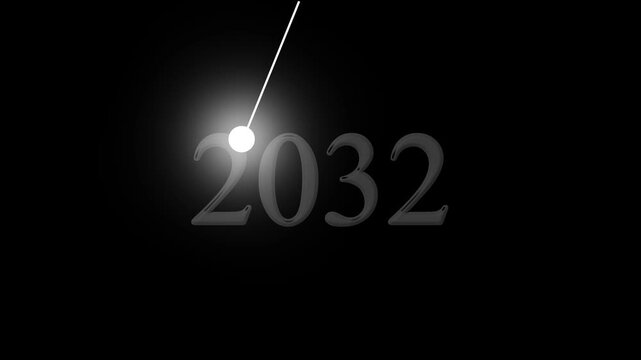 Glowing white circular light indicator touching the dark embossed number two thousand thirty two on a black background