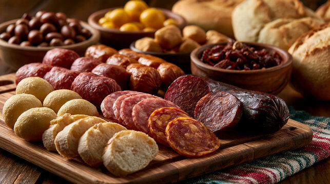 Brazilian Colonial Charcuterie Board with Pinh&atilde;o, Cheeses, Cured Meats and Artisan Breads, Served in a Rustic Setting, Traditional Regional Gastronomy and Winter Food Concept