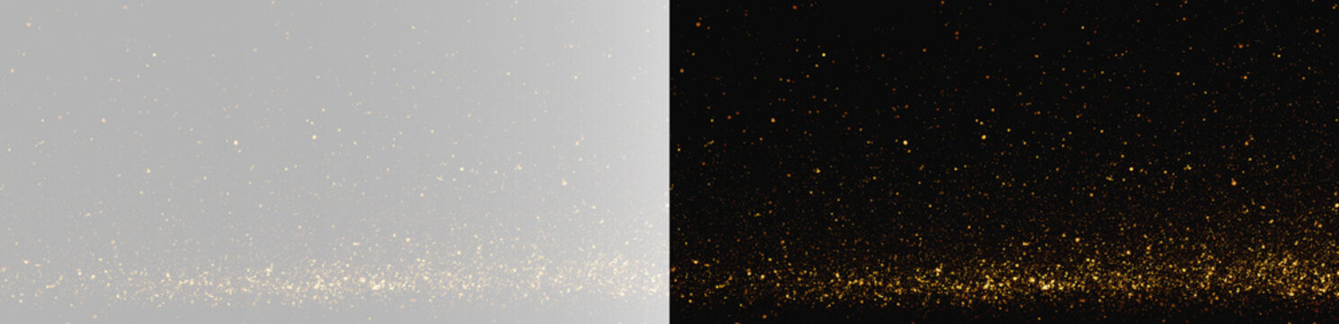 Abstract gold glitter dust on grey and black background, horizontal golden particle spark border
