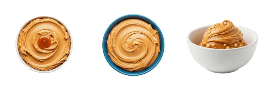 Creamy Peanut Butter Bowls Top and Side View Isolated PNG Clipart, Smooth and Crunchy Nut Spread Collection, Sweet Caramel Paste Swirl Food Graphic Elements, Cafe Dessert Cooking Design Asset Transpar