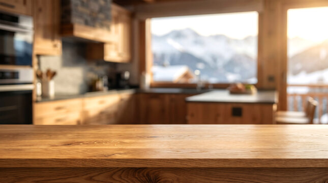 Wooden table top in mountain cabin kitchen with blurred snow view for winter food product display mockup background