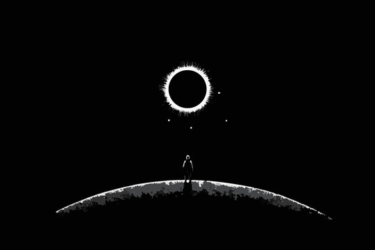 Astronaut Silhouetted Against Solar Eclipse Monochrome Illustration
