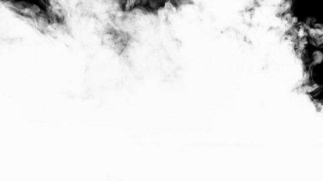 Multiple white ink streams injected into water on a black backdrop, expanding into intricate clouds, dense swirls, and smoke-like textures. Overlays, backdrops, text reveals, transitions, luma mattes