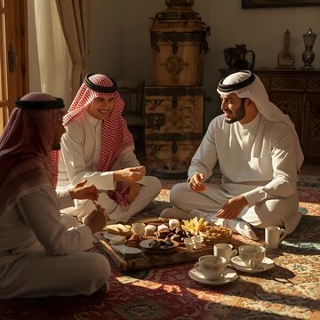 Saudi men enjoying traditional breakfast together in majlis, authentic gulf culture and lifestyle