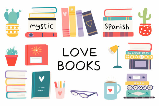 Books Cactus And Stationery Vector Illustration Set On White Background