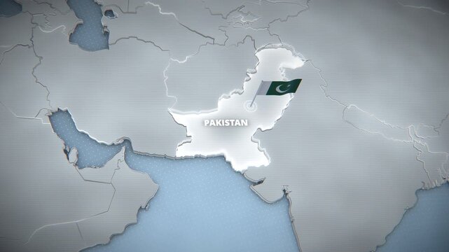 3D stylized map of South Asia highlighting Pakistan with a glowing border and animated national flag pin, ideal for widescreen broadcast news graphics and geopolitical presentation backgrounds.

