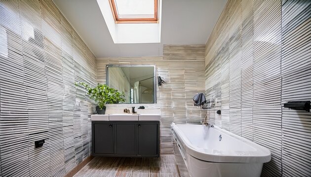 a bright and airy small bathroom featuring a skylight bathing the interior in natural light white subway tiles with dark grout create a timeless backdrop for a compact floating vanity with open