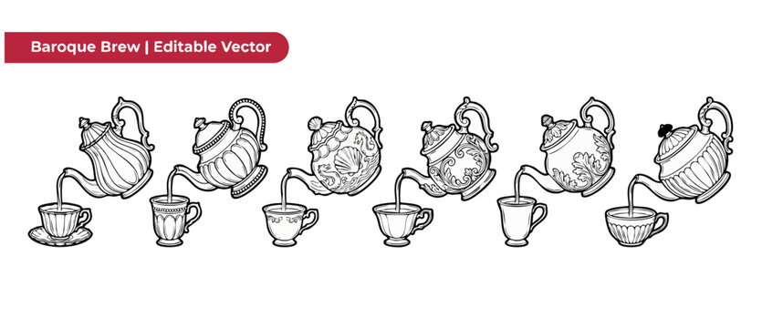 Vintage teapot vector line art set featuring ornate baroque teacup pouring tea. Elegant Victorian style illustrations with decorative engraving elements on a clean white background for coloring pages.
