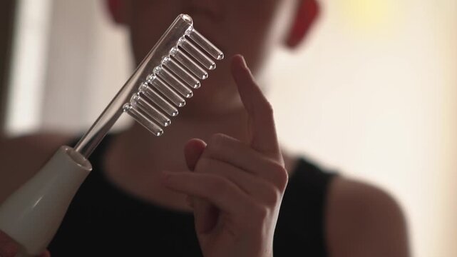 A teenager uses a Darsonval device. The young man runs his hand over the glass attachment designed for hair. Professional skincare at home. Teenage skin issues during hormonal changes