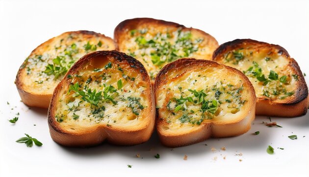 five toasted garlic bread slices topped with cheese and herbs