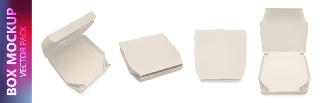 Photorealistic ivory paper cardboard box mockup pack isolated on white background. Food delivery degradable package. Pizza and cake pakage. Vector illustration