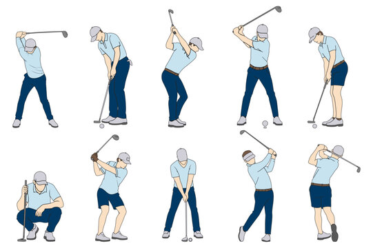 Golfer drawing set with different swing positions and putting strokes