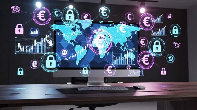 Global financial data security concept with euro signs and lock icons on computer screen and world map background