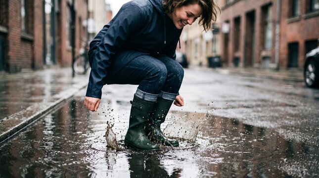 Person jumping in puddle on wet street playful urban moment splash motion rain lifestyle spontaneous joy concept outdoors.