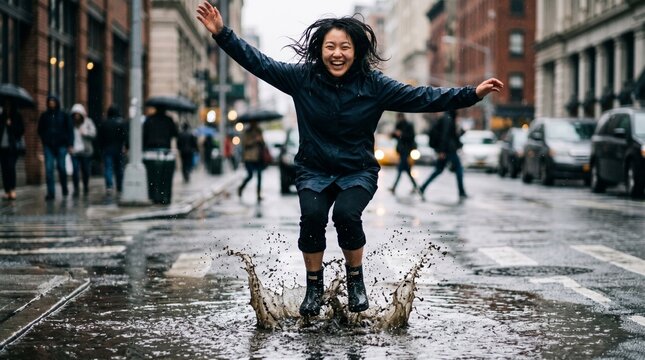 Person jumping in puddle on wet street playful urban moment splash motion rain lifestyle spontaneous joy concept outdoors.