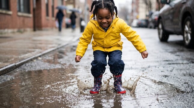 Child jumping in puddle on wet street playful rain moment splash joy childhood freedom outdoor urban lifestyle concept.