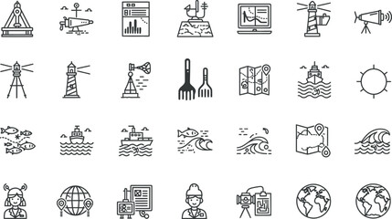 Maritime navigation and oceanography icon set linear style isolated on transparent background © HasnaAkther