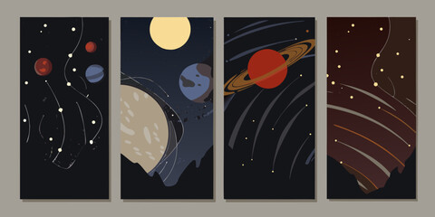 Planets And Celestial Bodies Retro styled Vector Illustration Set © MituRani