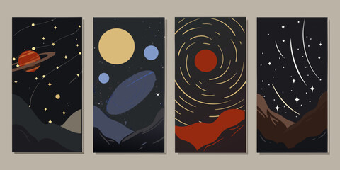 Planetary System Illustrations Retro Space Art With Celestial Bodies © MituRani