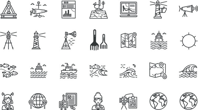 Maritime navigation and oceanography icon set linear style isolated on transparent background