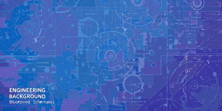 Mechanical engineering blueprint schematics detailed vector background with gears and lines