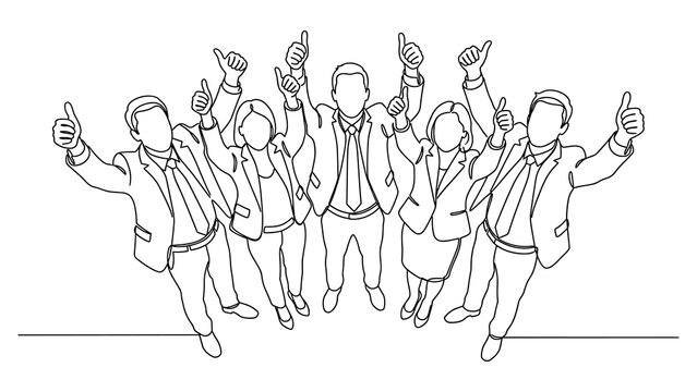 Continuous line drawing of a happy business team giving thumbs up.