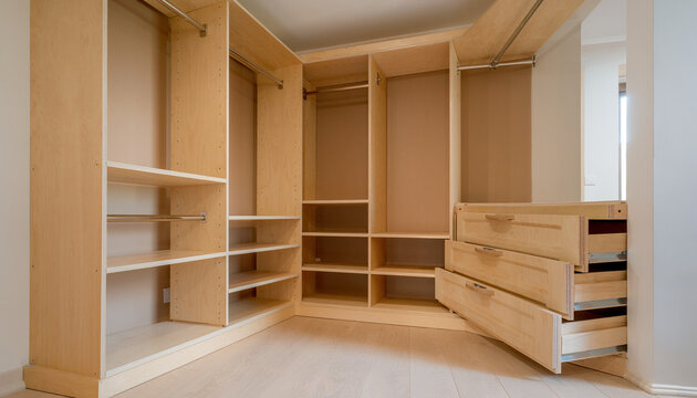 Modern Custom Light Wood Walk-in Closet Organization System with Built-in Shelving, Hanging Rods, and Open Drawers in Luxury Home Interior