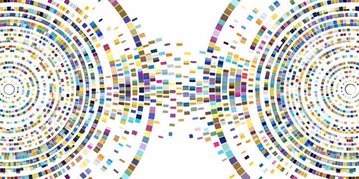 Geometric pixel dispersion pattern with concentric circles on white background