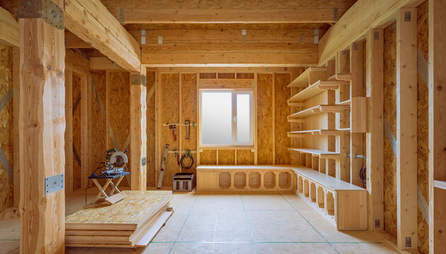 Interior View of a Timber Frame House Under Construction Featuring OSB Walls, Wooden Shelving, and Carpentry Workshop Equipment with Circular Saw.