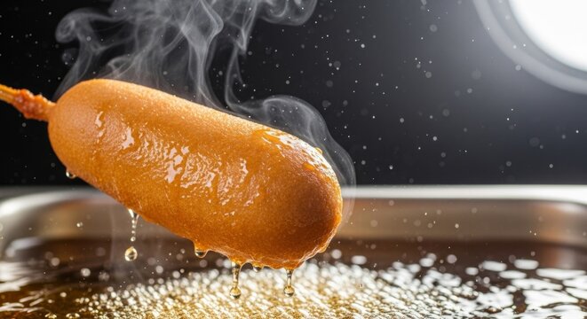 Golden corn dog glistening with oil pulled from hot fryer, steaming in cinematic lighting with copy space