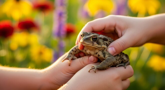 Child's hands gently holding a brown toad amidst vibrant summer flowers, symbolizing childhood wonder and nature exploration.