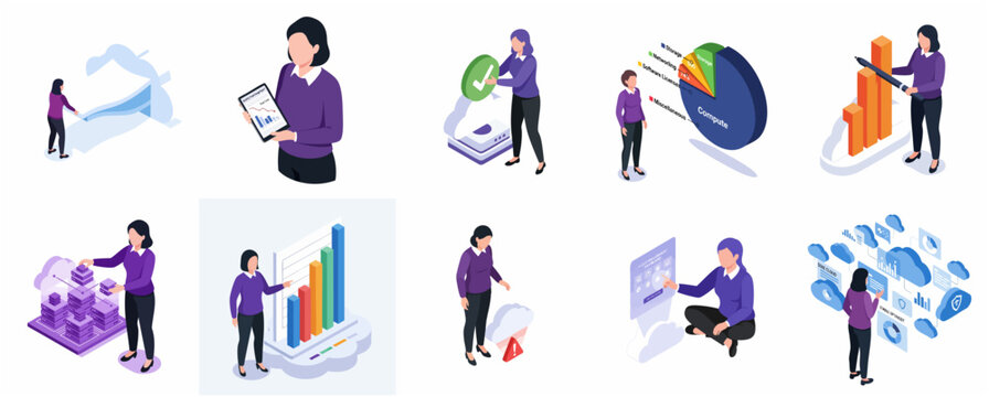 Set of isometric cloud management and business data analysis illustrations featuring a female professional character