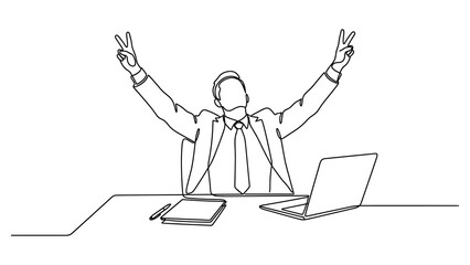 Continuous line drawing of a successful businessman celebrating at his office desk. © Momo