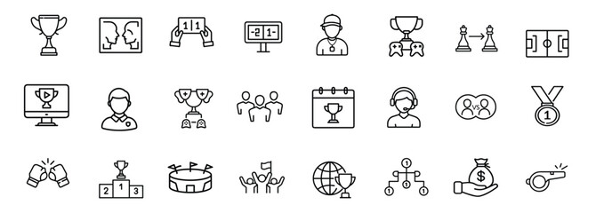 Sports esports gaming tournament cup web line icons set trophy prize medal award podium scoreboard joystick player coach headset & more vector illustration with editable stroke © Purnima