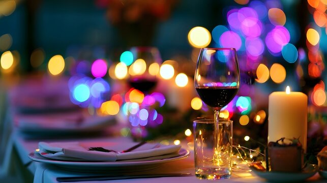 A close up view of a glass of red wine and a lit candle set on a table surrounded by vibrant colorful bokeh lights