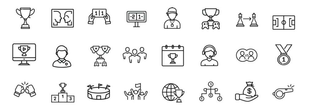 Sports esports gaming tournament cup web line icons set trophy prize medal award podium scoreboard joystick player coach headset & more vector illustration with editable stroke