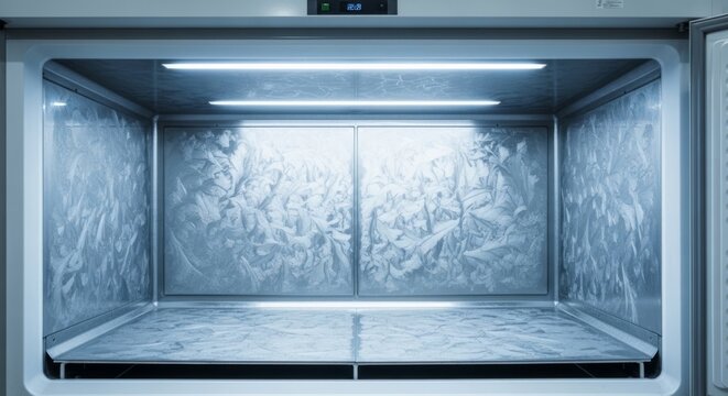 Empty deep freezer chamber with intricate frost patterns, bright LED lighting, and modern clean interior