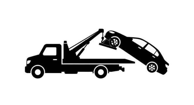 Minimal black silhouette icon, simple flat vector, bold black shape, no, no shading tow truck icon, flat vector illustration of a car being towed by a wrecker on a, flat icon style