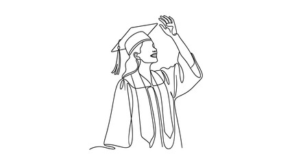Obraz premium Continuous line drawing of a happy female student wearing a graduation cap and gown.