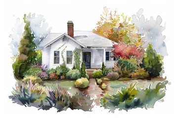 Watercolor painting of a white house with a front yard. Children's Book Illustration © happy_finch