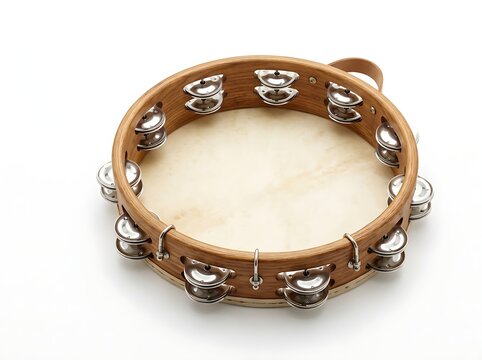 High-angle studio shot of a traditional percussion tambourine with silver zils over a pure white background canvas.