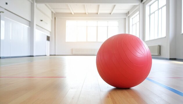 Red fitness ball on a wooden floor in a bright, empty gymnasium hall