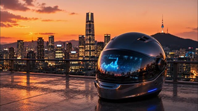 Advanced motorcycle helmet with glowing chart display visor against warm orange city sunset skyline
