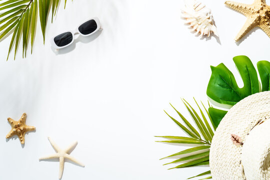 Summer flat lay background on white.