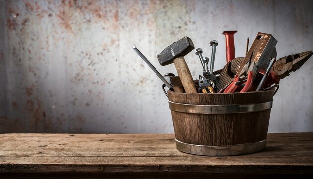 a rustic bucket filled with various tools sits on a weathered wooden table against a textured wall background
