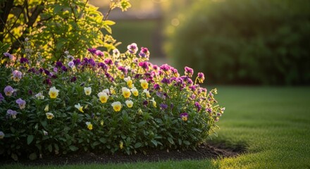 Obraz premium Colorful pansy flower bed in a lush garden at golden hour, providing serene natural light and copy space