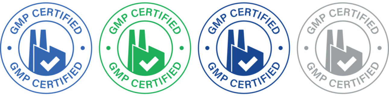 GMP Certified Badge Icons Set with Check Mark on White Background